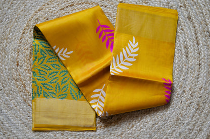 Yellow Katan Pure Silk Handloom Saree with Block Prints