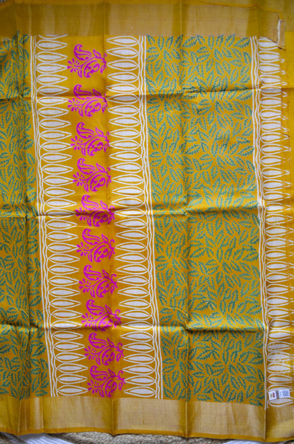Yellow Katan Pure Silk Handloom Saree with Block Prints