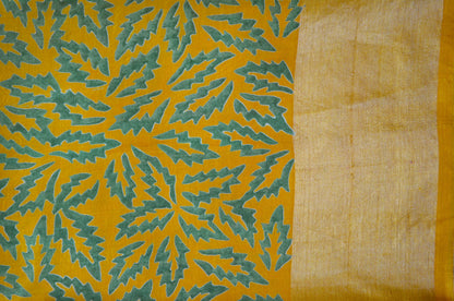 Yellow Katan Pure Silk Handloom Saree with Block Prints