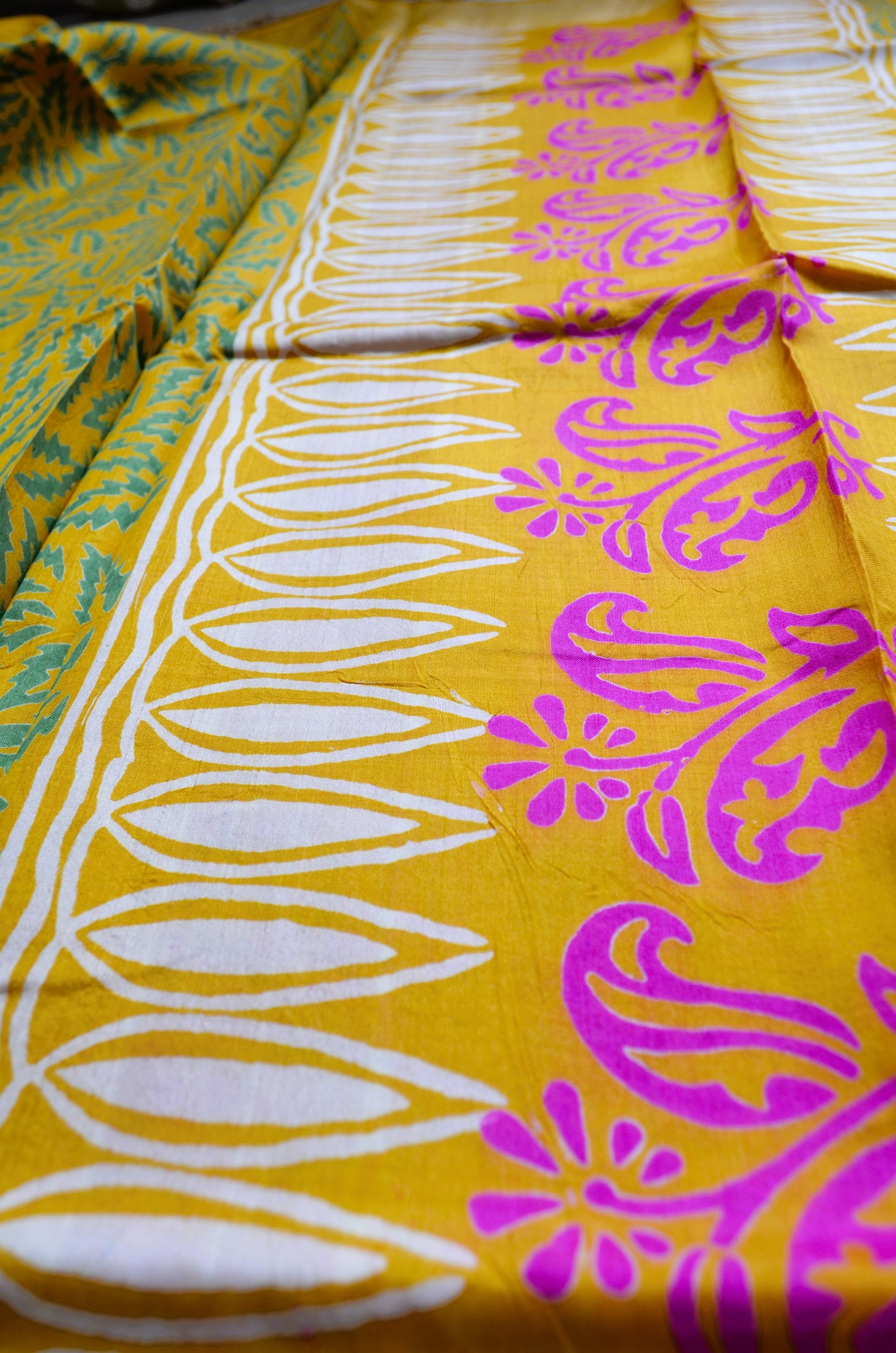 Yellow Katan Pure Silk Handloom Saree with Block Prints