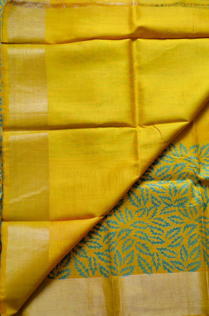 Yellow Katan Pure Silk Handloom Saree with Block Prints