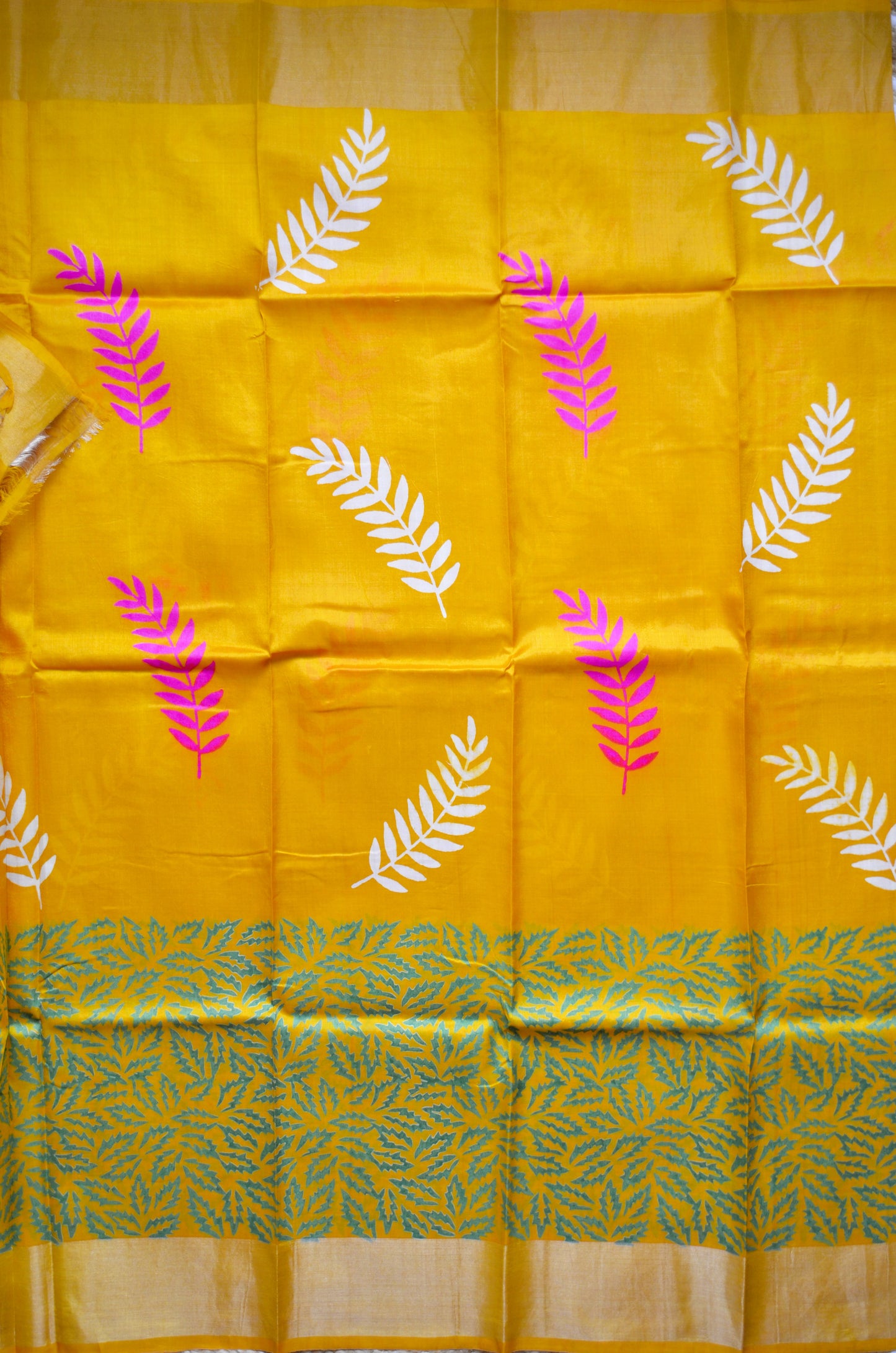 Yellow Katan Pure Silk Handloom Saree with Block Prints