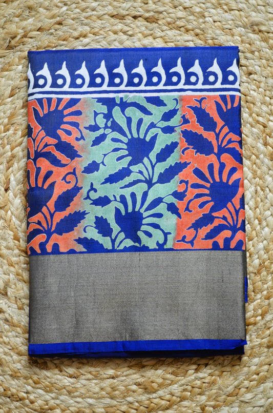 Navy Blue Katan Pure Silk Handloom Saree with Block Prints