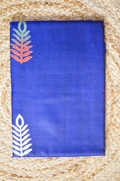 Navy Blue Katan Pure Silk Handloom Saree with Block Prints