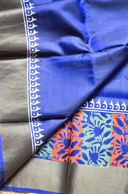 Navy Blue Katan Pure Silk Handloom Saree with Block Prints