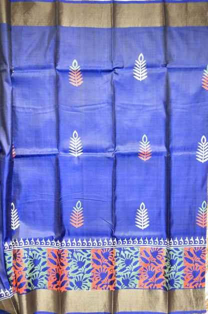 Navy Blue Katan Pure Silk Handloom Saree with Block Prints