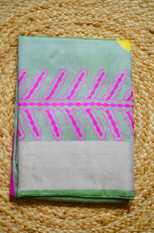 Pista Green Katan Pure Silk Handloom Saree with Block Prints