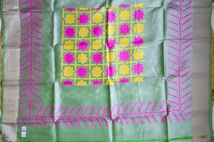Pista Green Katan Pure Silk Handloom Saree with Block Prints