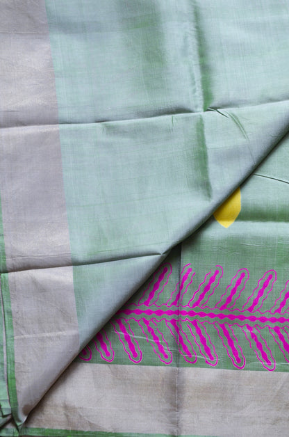 Pista Green Katan Pure Silk Handloom Saree with Block Prints