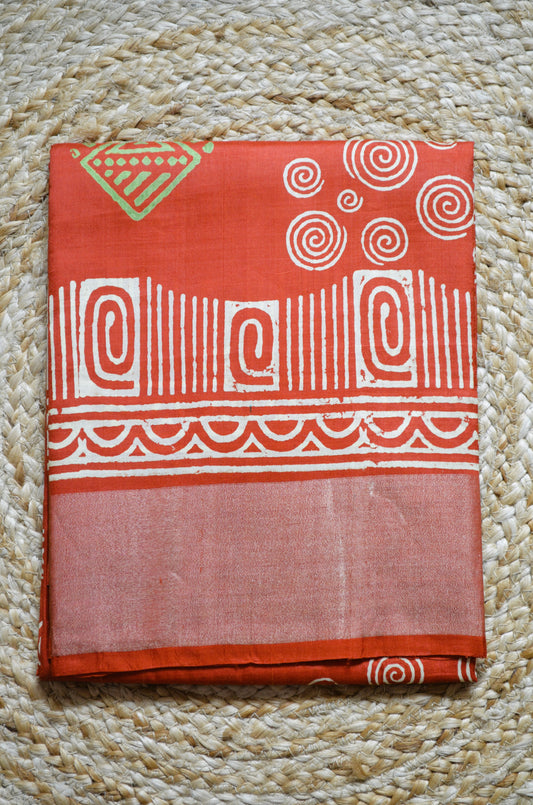 Rust Katan Pure Silk Handloom Saree with Block Prints