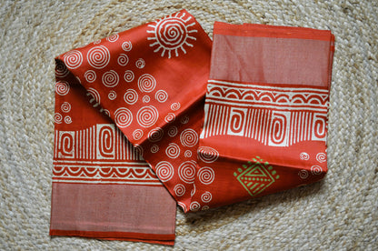 Rust Katan Pure Silk Handloom Saree with Block Prints