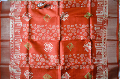 Rust Katan Pure Silk Handloom Saree with Block Prints