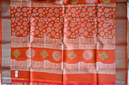 Rust Katan Pure Silk Handloom Saree with Block Prints