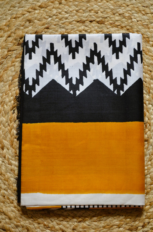 Black White Katan Pure Silk Handloom Saree with Block Prints