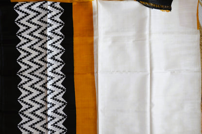 Black White Katan Pure Silk Handloom Saree with Block Prints