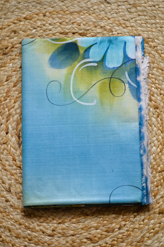Teal Katan Handpainted Pure Silk Handloom Saree