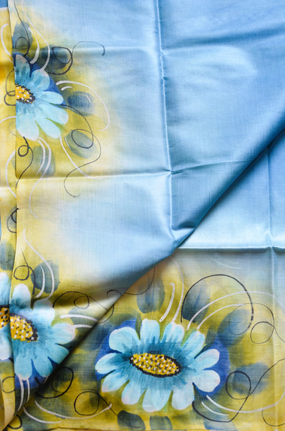 Teal Katan Handpainted Pure Silk Handloom Saree