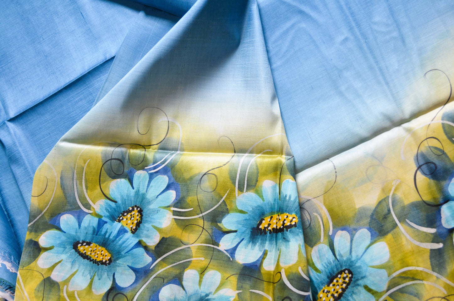 Teal Katan Handpainted Pure Silk Handloom Saree