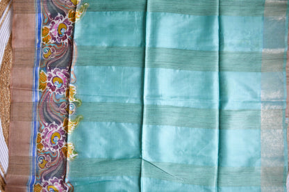 Sea Green Katan Handpainted Pure Silk Handloom Saree