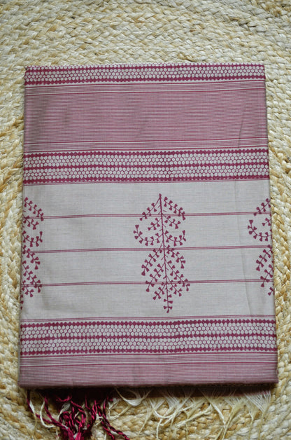 Beige Red Block Print Pure Silk Handloom Saree