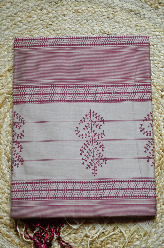 Beige Red Block Print Pure Silk Handloom Saree