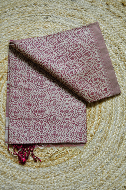 Beige Red Block Print Pure Silk Handloom Saree