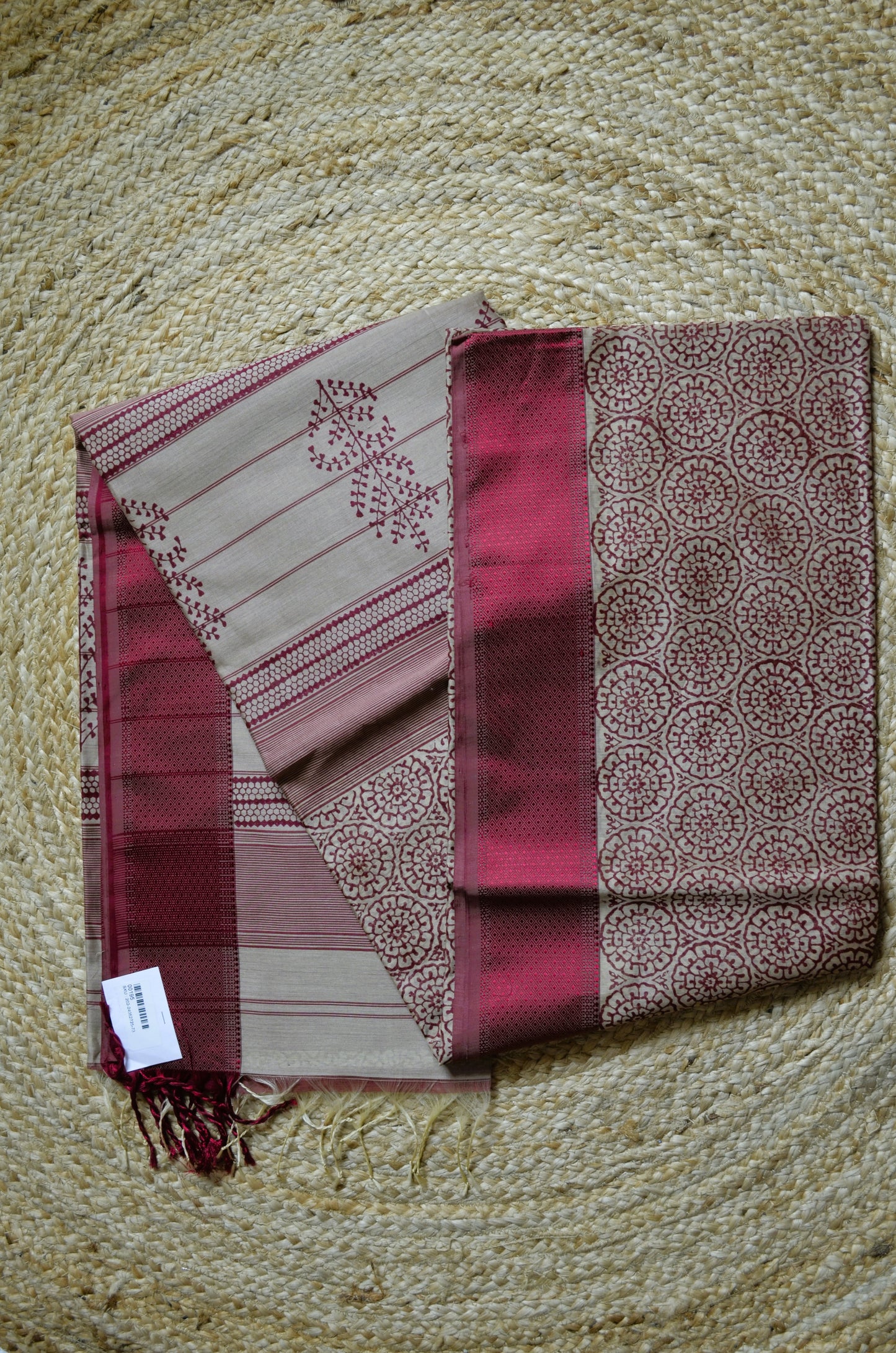 Beige Red Block Print Pure Silk Handloom Saree