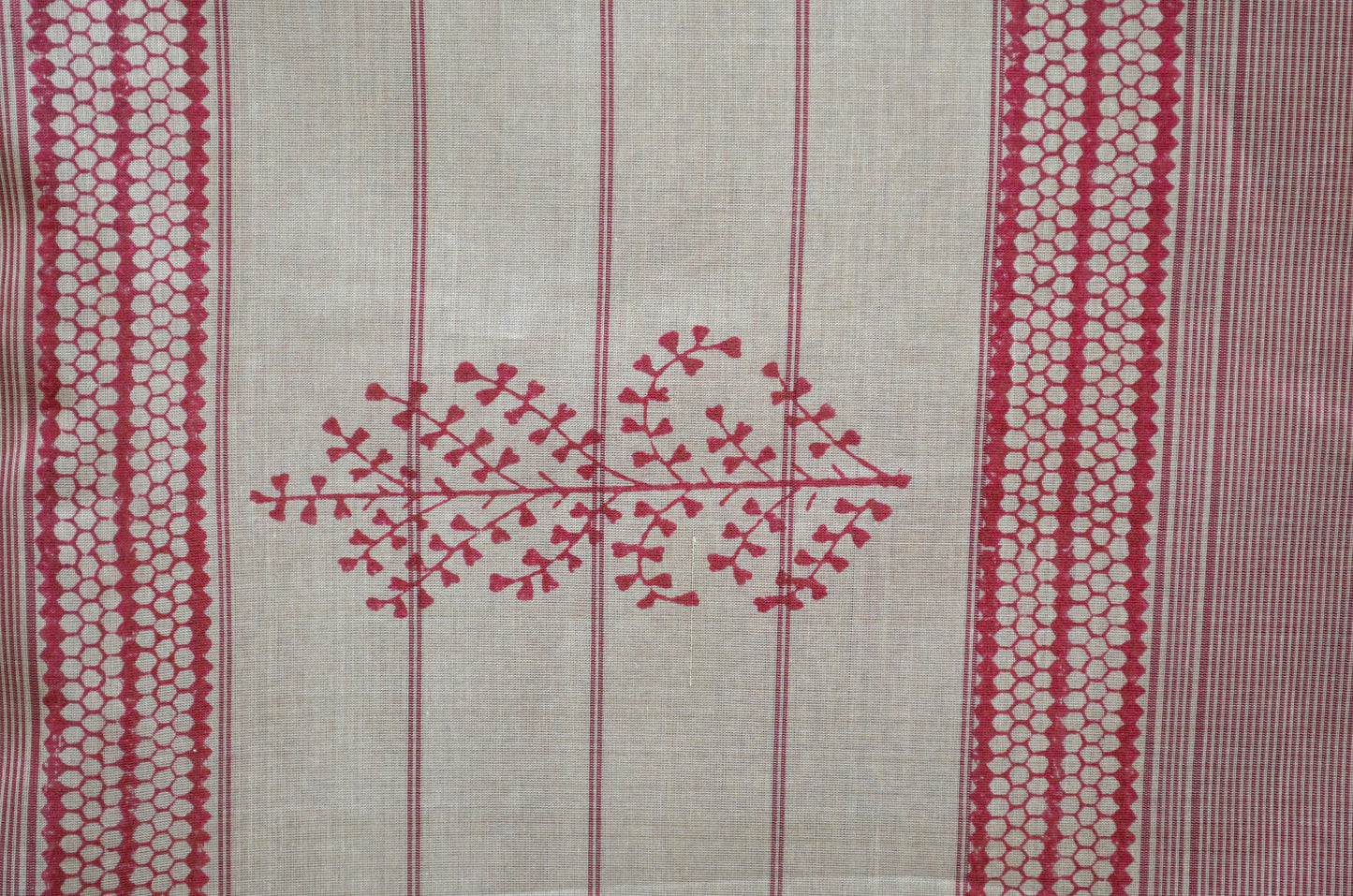 Beige Red Block Print Pure Silk Handloom Saree