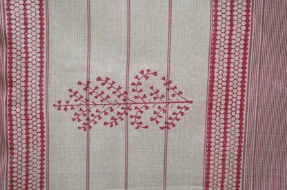 Beige Red Block Print Pure Silk Handloom Saree