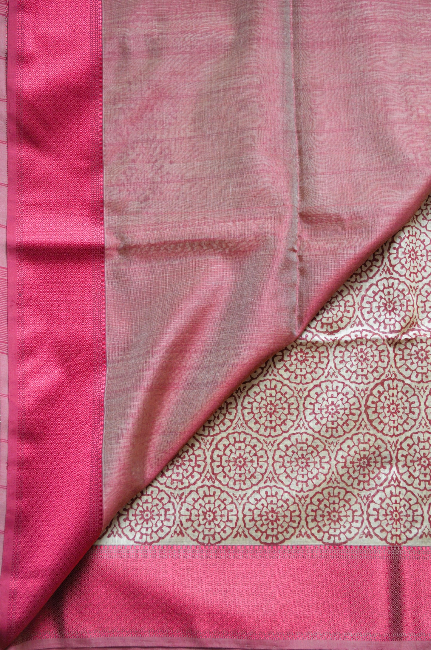 Beige Red Block Print Pure Silk Handloom Saree