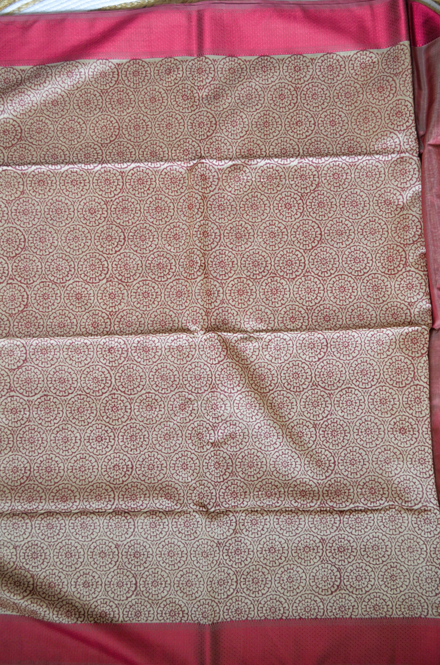 Beige Red Block Print Pure Silk Handloom Saree