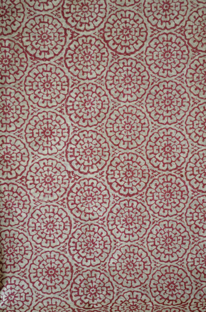 Beige Red Block Print Pure Silk Handloom Saree