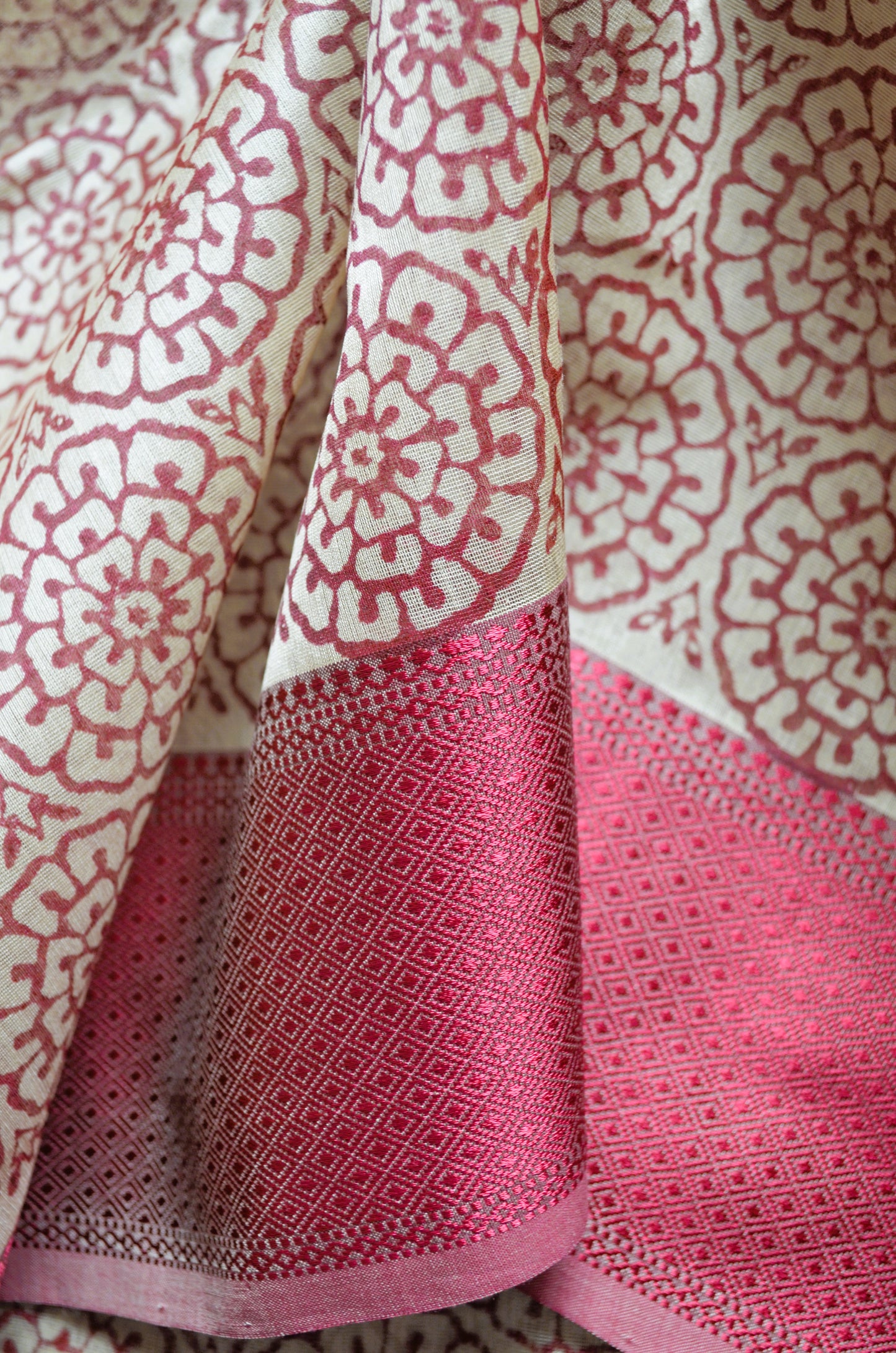 Beige Red Block Print Pure Silk Handloom Saree