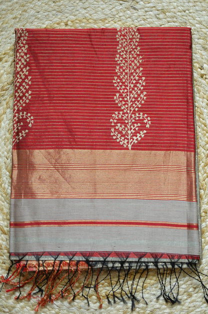 Beige Maroon Block Print Pure Silk Handloom Saree