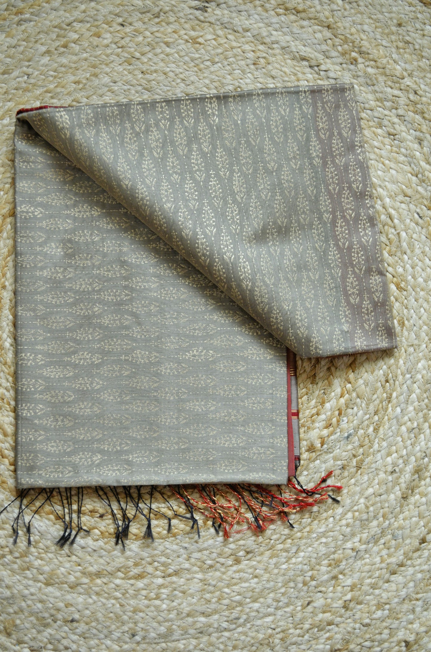 Beige Maroon Block Print Pure Silk Handloom Saree