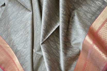 Beige Maroon Block Print Pure Silk Handloom Saree