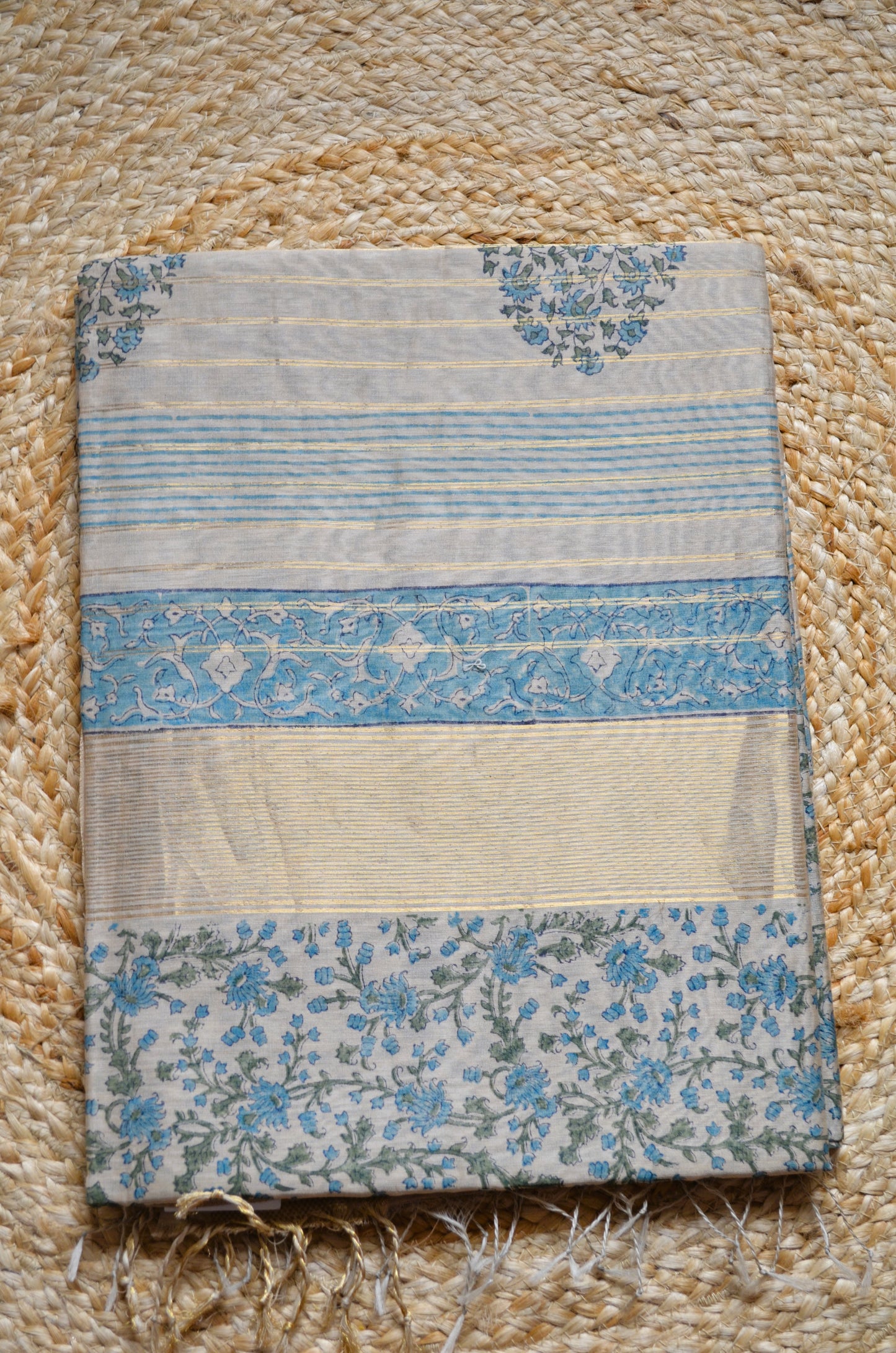Beige Teal Block Print Pure Silk Handloom Saree