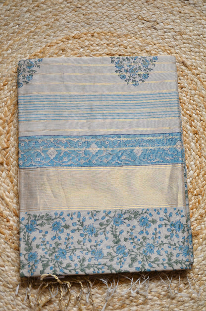Beige Teal Block Print Pure Silk Handloom Saree