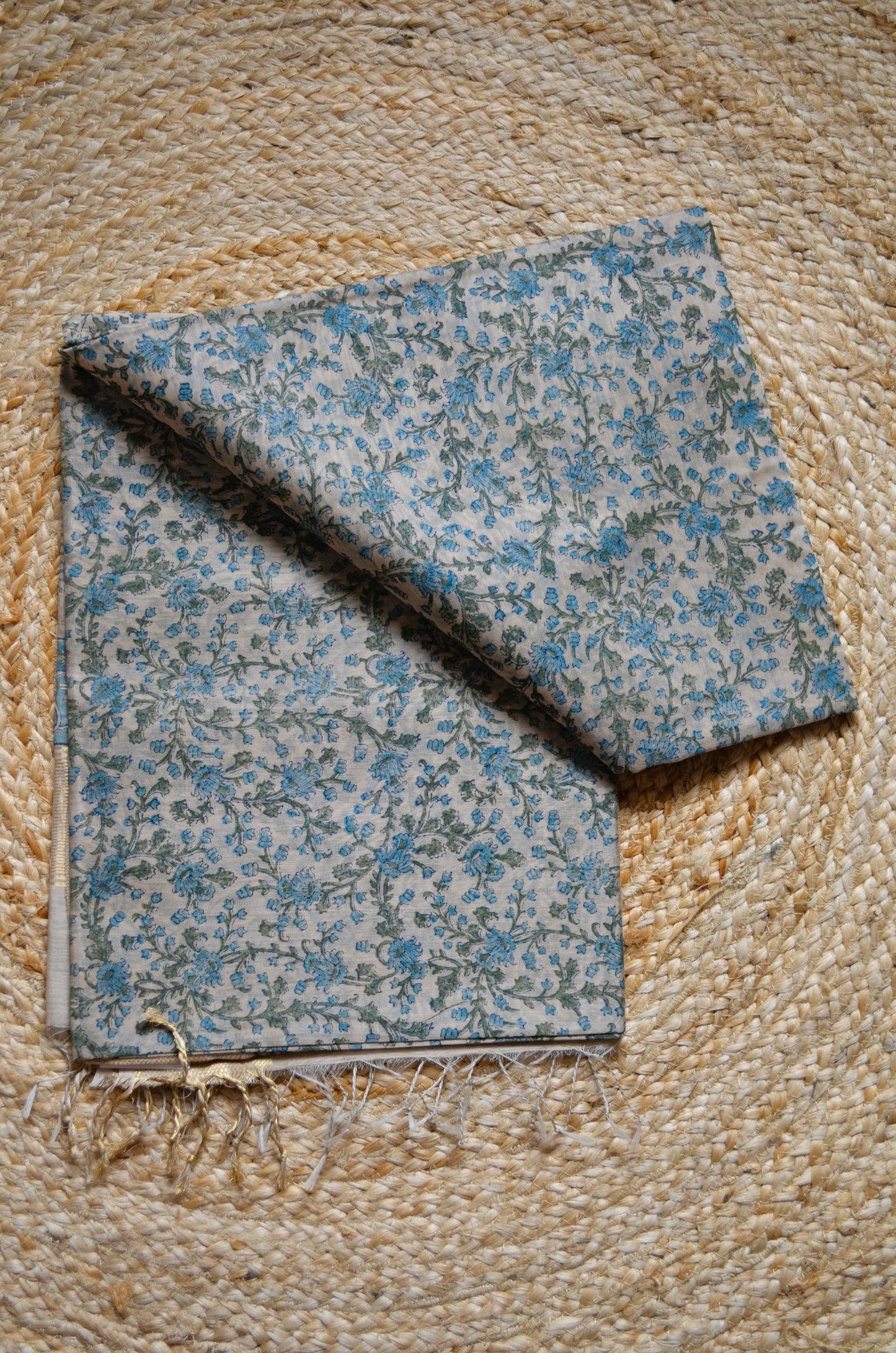 Beige Teal Block Print Pure Silk Handloom Saree