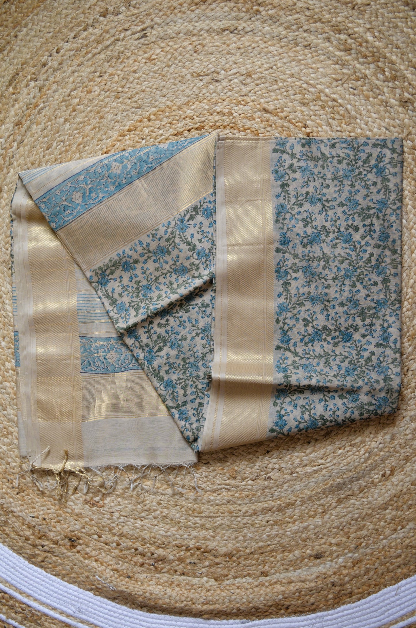 Beige Teal Block Print Pure Silk Handloom Saree