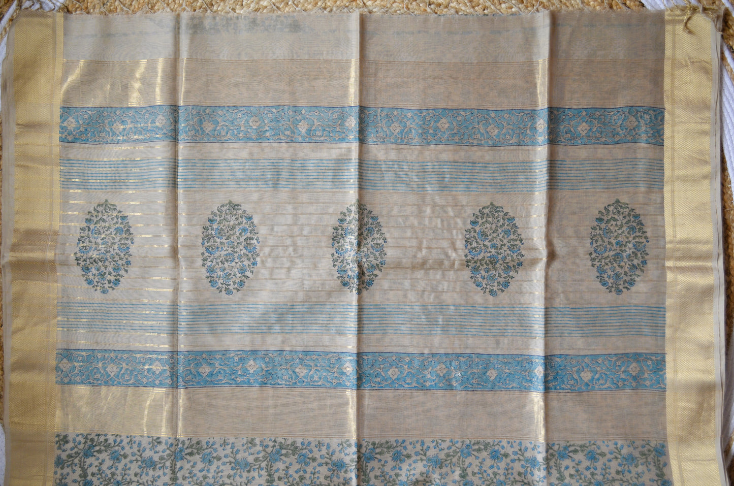 Beige Teal Block Print Pure Silk Handloom Saree