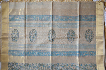 Beige Teal Block Print Pure Silk Handloom Saree