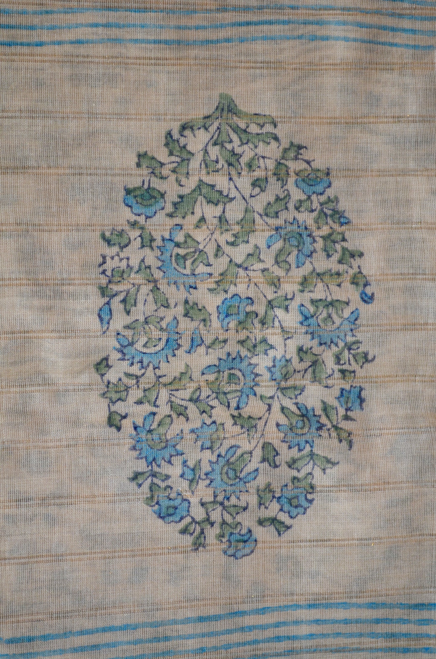 Beige Teal Block Print Pure Silk Handloom Saree
