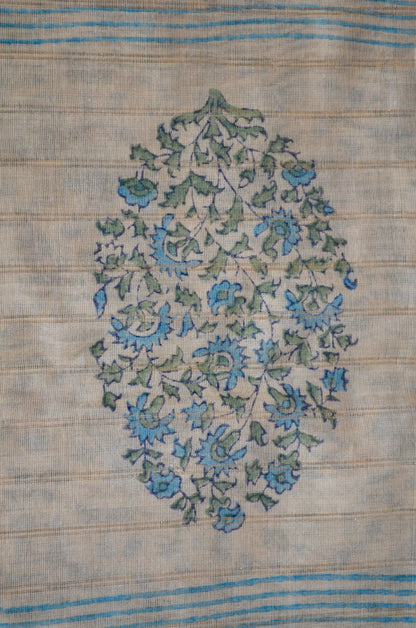 Beige Teal Block Print Pure Silk Handloom Saree