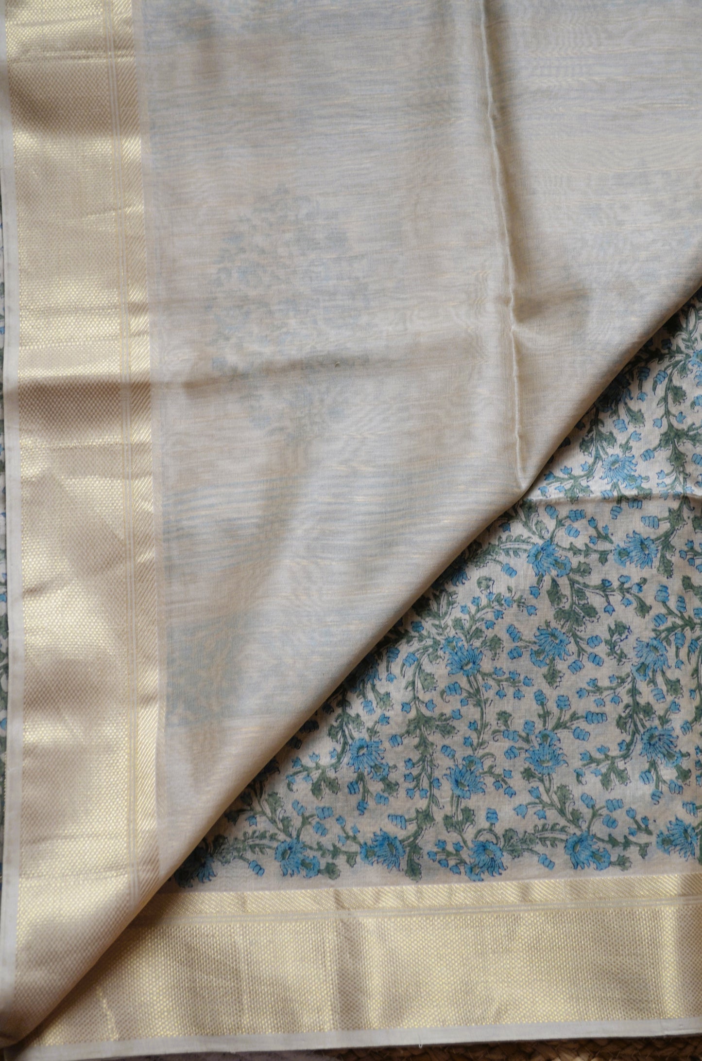 Beige Teal Block Print Pure Silk Handloom Saree