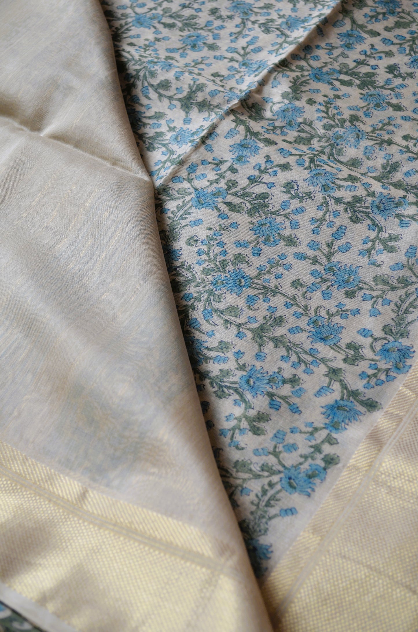 Beige Teal Block Print Pure Silk Handloom Saree