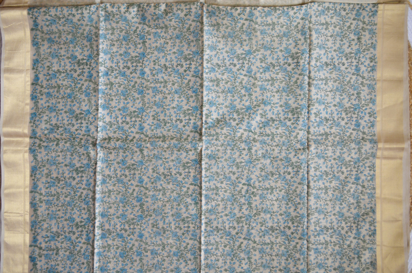 Beige Teal Block Print Pure Silk Handloom Saree