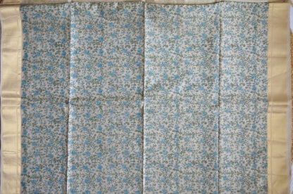 Beige Teal Block Print Pure Silk Handloom Saree