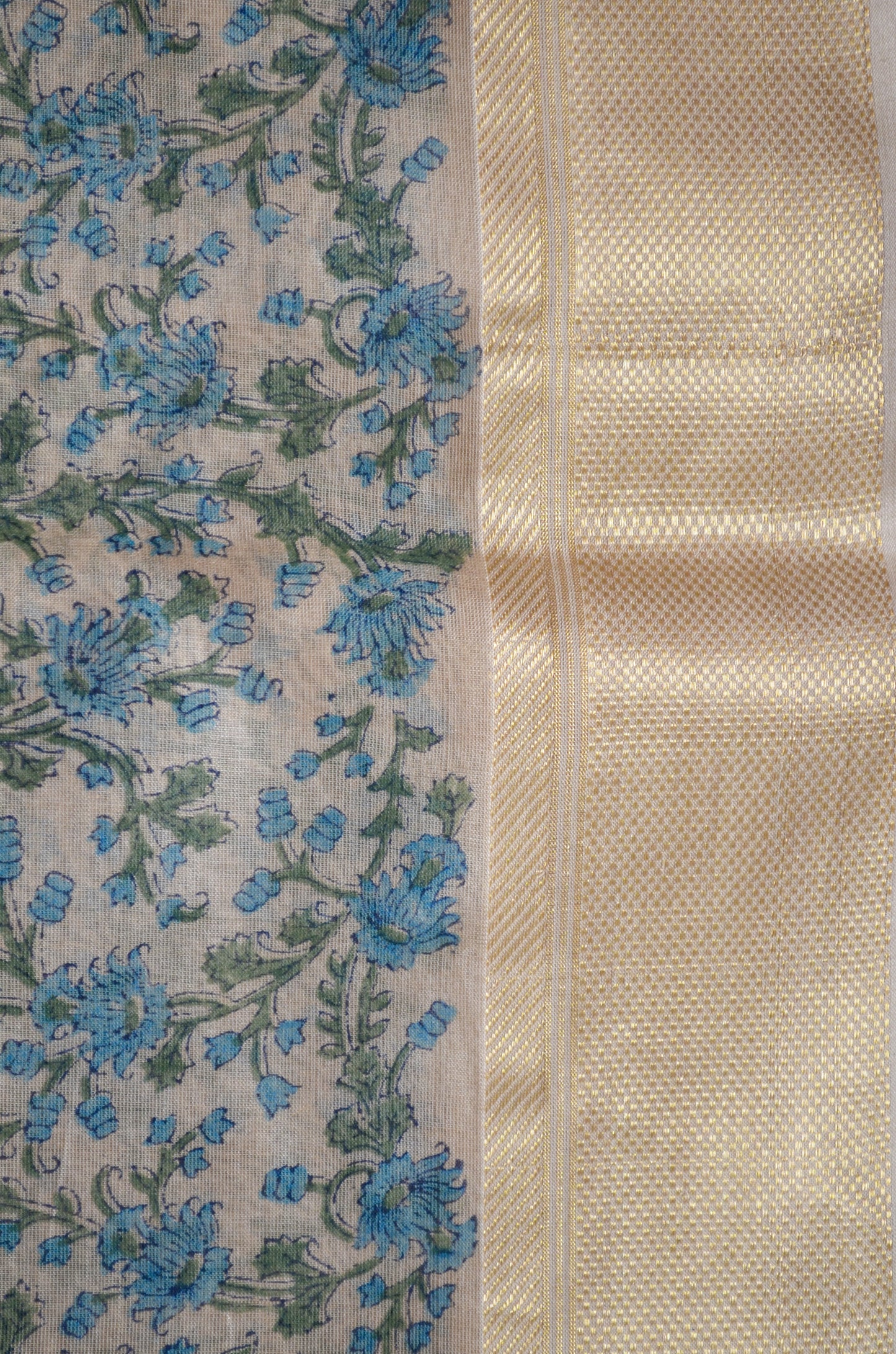 Beige Teal Block Print Pure Silk Handloom Saree