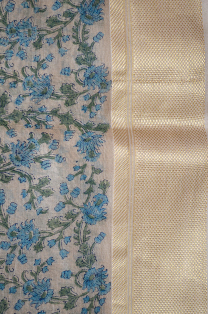 Beige Teal Block Print Pure Silk Handloom Saree